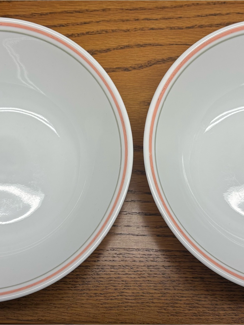 Classic White Ceramic Bowls with Coral Rim - Set of 2